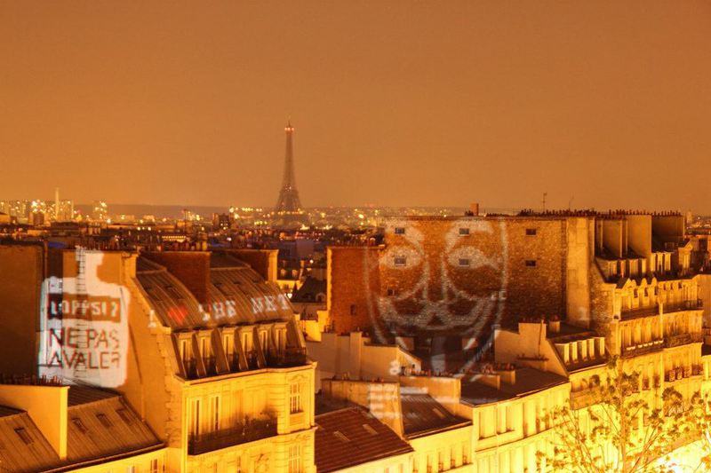 Video-mapping from the roof of le Château d'Albatart in spring 2011, after a presentation on LOPPSI 2.